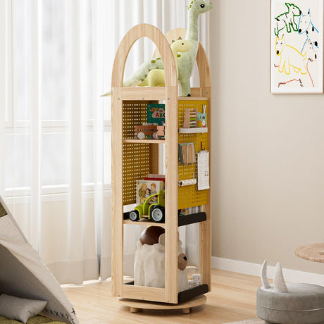 PulSpeed 360° Rotating Bookshelf 59" Tall - 4-Tier Solid Beech Wood & Iron Shelf DIY Pegboard, Anti-Tip Design Heavy Duty Storage for Small Space/Office/Living Room/Nursery/Apartment/Kid's Room PulSpeed