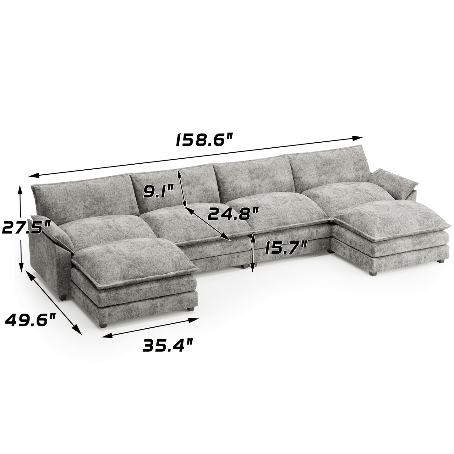 Shahoo Sectional Modular Sofa U Shaped Chenille Fabric Couch with High Supportive & Soft Sponges and Removable Ottoman, Sleeper Comfy Upholstered Furniture for Living Room, Grey