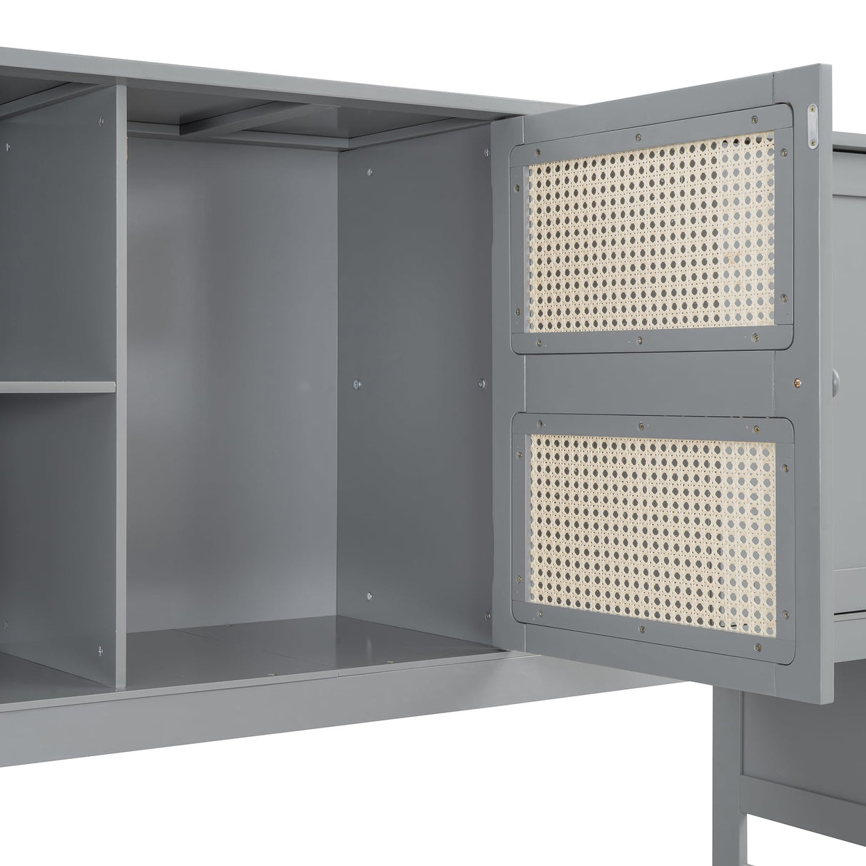 RuiSiSi Twin Size Daybed with Trundle & Storage, Solid Wood Corner Bed with Bookcase Headboard and Cabinets, Rattan Style Twin Day Bed Frame for Kids Teens Adults, Grey RuiSiSi