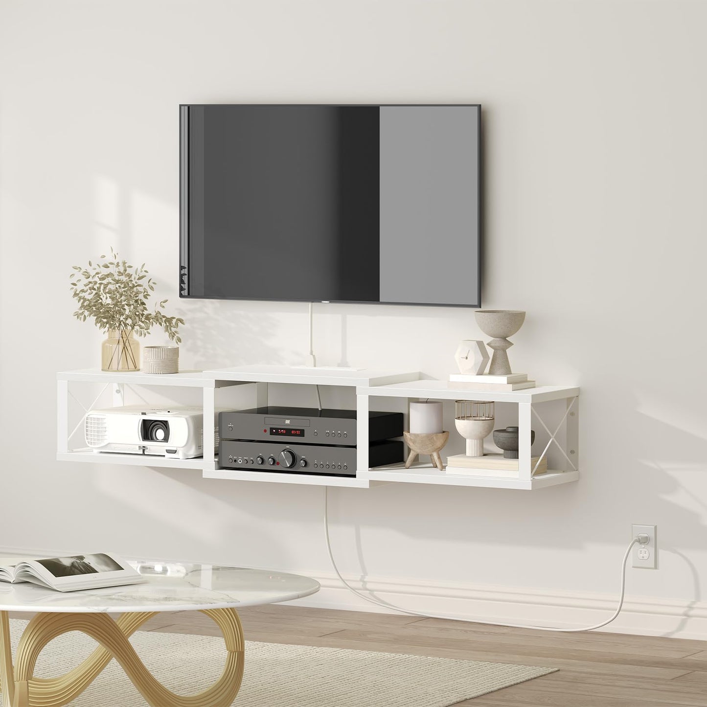 MAHANCRIS Floating TV Stand with Power Outlet, Wall-Mounted Entertainment Console Center with Storage, Floating TV Shelf for Under TV Storage, for Living Room, Bedroom, White TVBW101E01