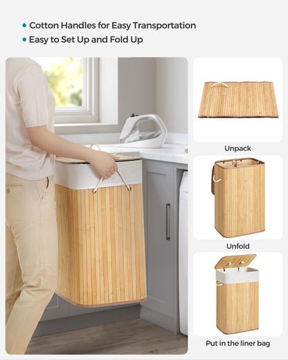 SONGMICS Foldable Laundry Hamper with Lid, 19 Gal. Bamboo Laundry Basket, Rectangular Storage Hamper with 3 Handles, 15.7 x 11.8 x 23.6 Inches, for Laundry Room, Bedroom, Natural ULCB10YV1 - WoodArtSupply