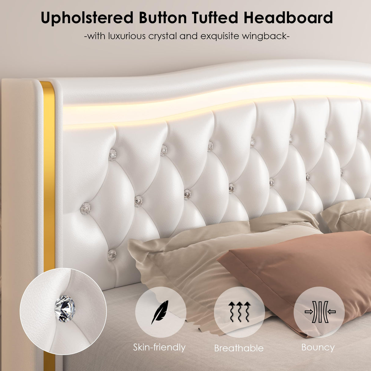 HIFIT Full Smart LED Platform Bed Frame with 4 Storage Drawers, Crystal Button-Tufted & Stainless Gold Trim Wingback Headboard, Modern PU Upholstered White /No Box Spring Needed/Easy Assembly HIFIT