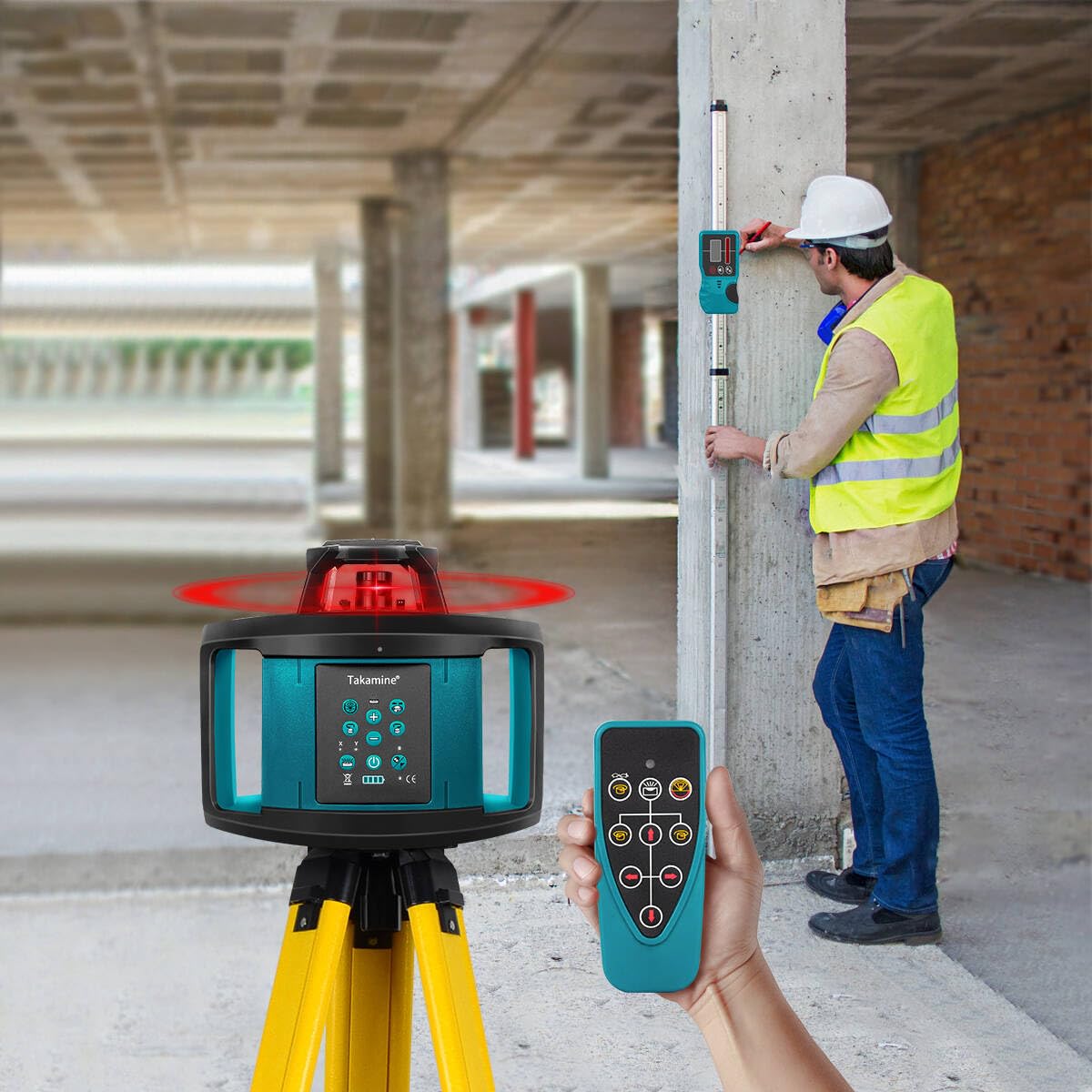 Takamine Rotary Laser Level Kit, Red Beam 635nm Wavelength, 800M Measuring Range, Horizontal/Vertical Self-Leveling, 5 Scan Angle and Rotation Speed Adjustment, Includes Remote Control, Receiver. Takamine