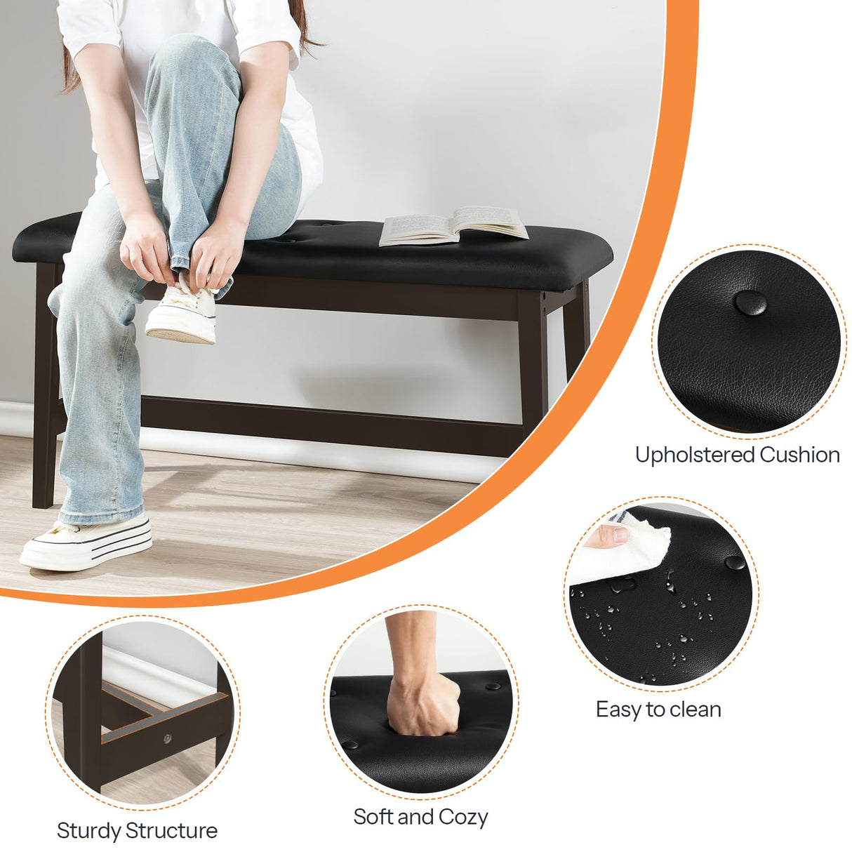 HOOBRO Dining Bench, Bamboo Dining Room Bench with PU Leather Upholstered Seat, for Kitchen, Living Room, Hallway, Kitchen, Entryway, Brown and Black CB13CD01 HOOBRO