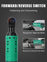 COMOWARE 3/8 Cordless Electric Ratchet Wrench Kit, 40ft-lbs Torque, 12V Power, 8 Sockets, LED Light, Fast Charger, Ergonomic Design COMOWARE