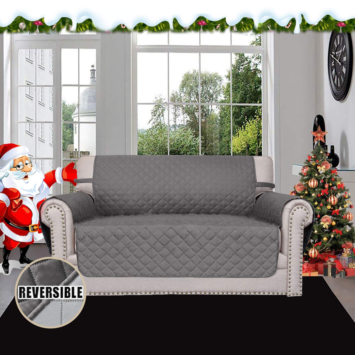 Easy-Going Reversible Loveseat Couch Cover for 2 Cushion Couch Sofa Cover for Dogs Water Resistant Furniture Protector with Foam Sticks Elastic Straps for Pet (Loveseat, Gray/Light Gray) Easy-Going