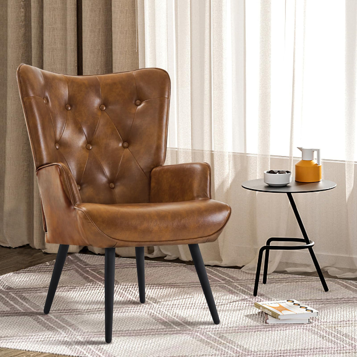 Furnimart Faux Leather Accent Chair Mid Century Modern Living Room Chairs; Comfy Armchair Leisure Vanity Guest Wingback Chair for Office Study Vanity Bedroom Waiting Room PU Yellow Brown Furnimart