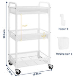 YASONIC 3 Tier Rolling Cart – Metal Utility Storage Cart with Wheels, Craft Carts Organizer with Hanging Cups, Hooks, Mesh Basket for Bedside Kitchen Office Art, White YASONIC