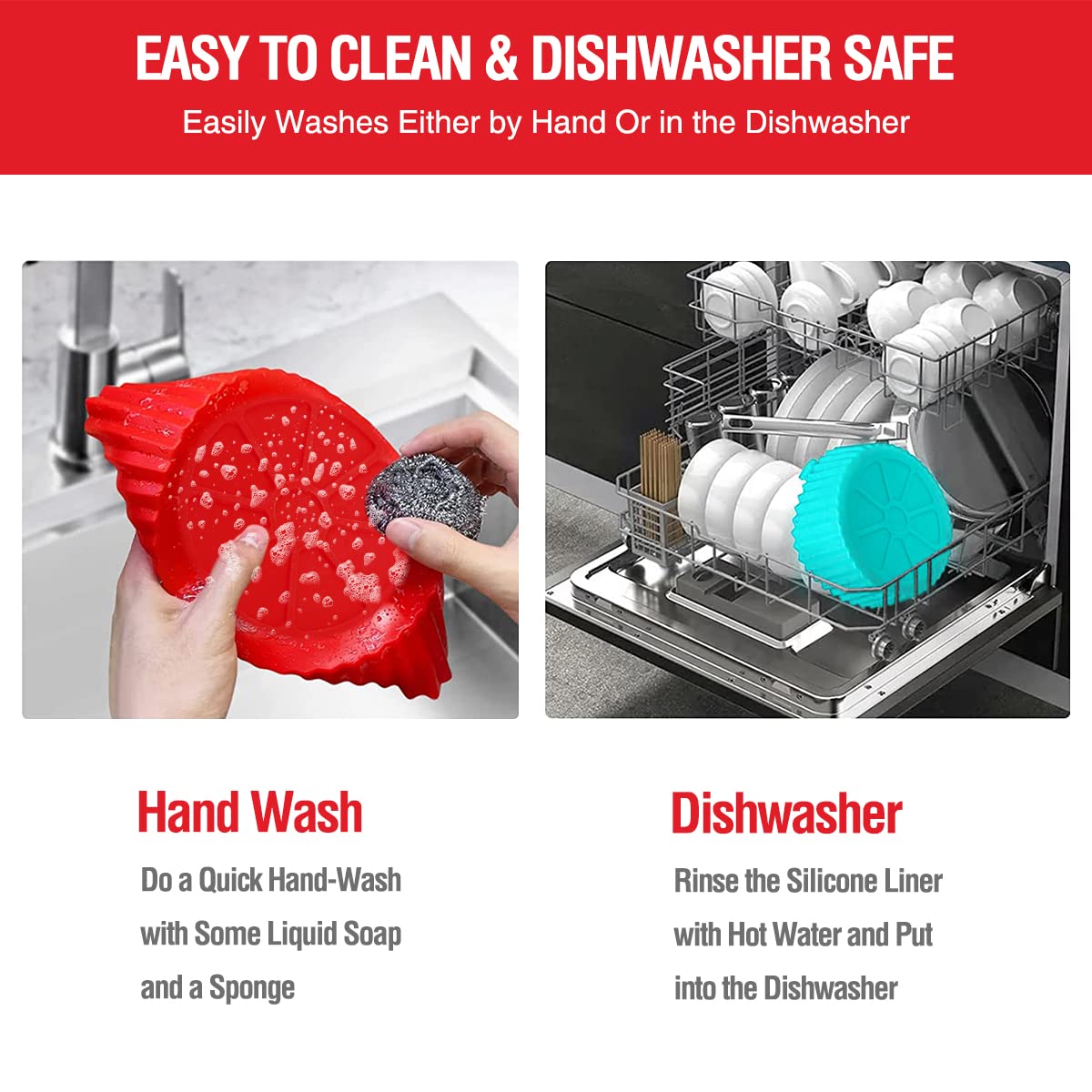 2 Pack Air Fryer Silicone Liners Pot for 3 to 5 QT, Basket Bowl, Replacement of Flammable Parchment Paper, Reusable Baking Tray Oven Accessories, Red+Blue, (Top 8in, Bottom 6.75in) AKSDTH