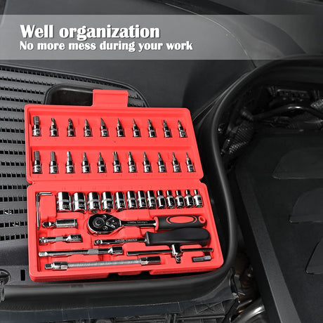 Egofine 46 Pieces 1/4 inch Drive Socket Ratchet Wrench Set, with Bit Socket Set Metric and Extension Bar for Auto Repairing and Household, with Storage Case Egofine
