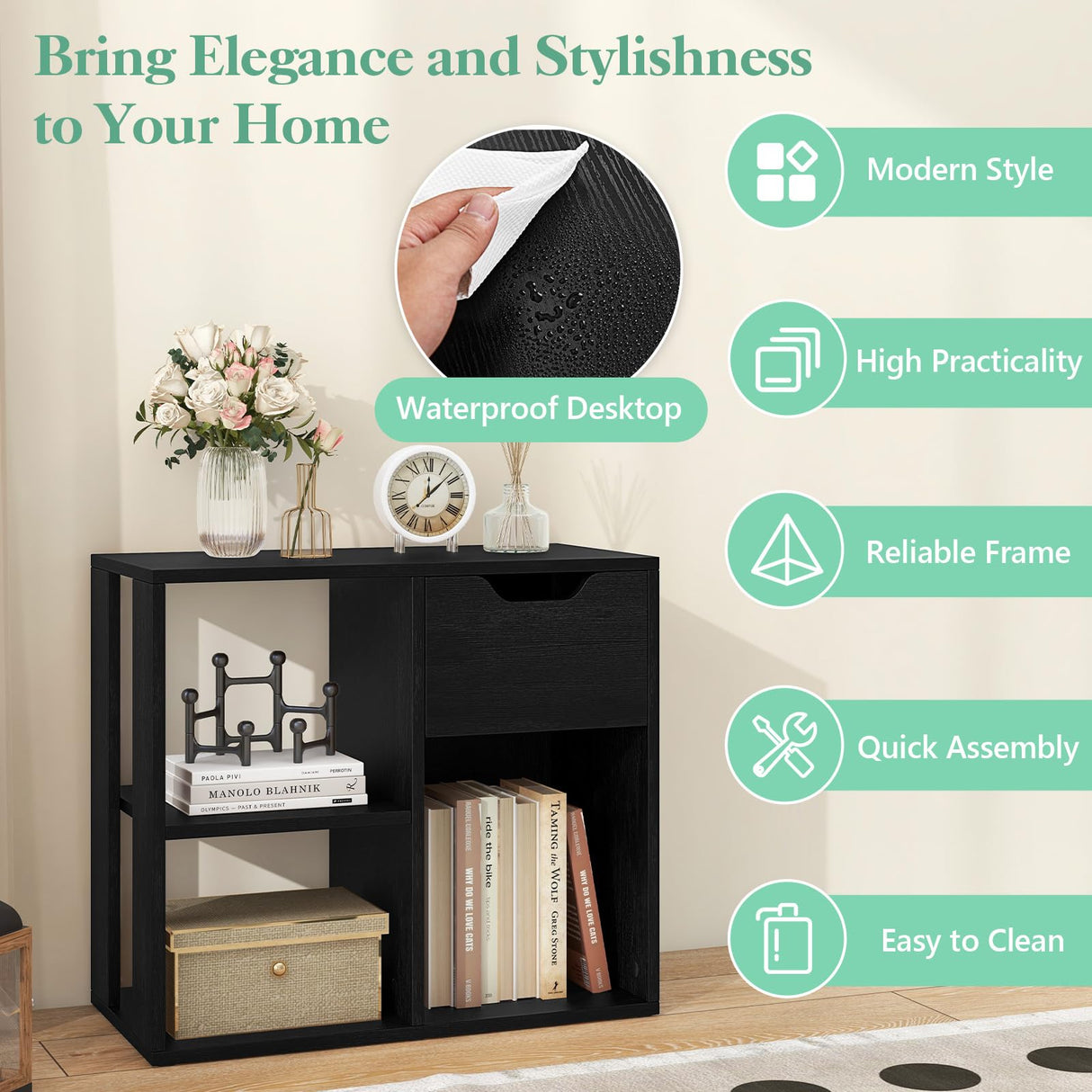 Giantex 3 Cube Bookcase with Drawer, 2 Tier Bookshelf for Small Spaces, Modern Freestanding Display Rack with Open Shelves, Book Case, Wood Cube Storage Organizer Bedroom Living Room, Black Giantex