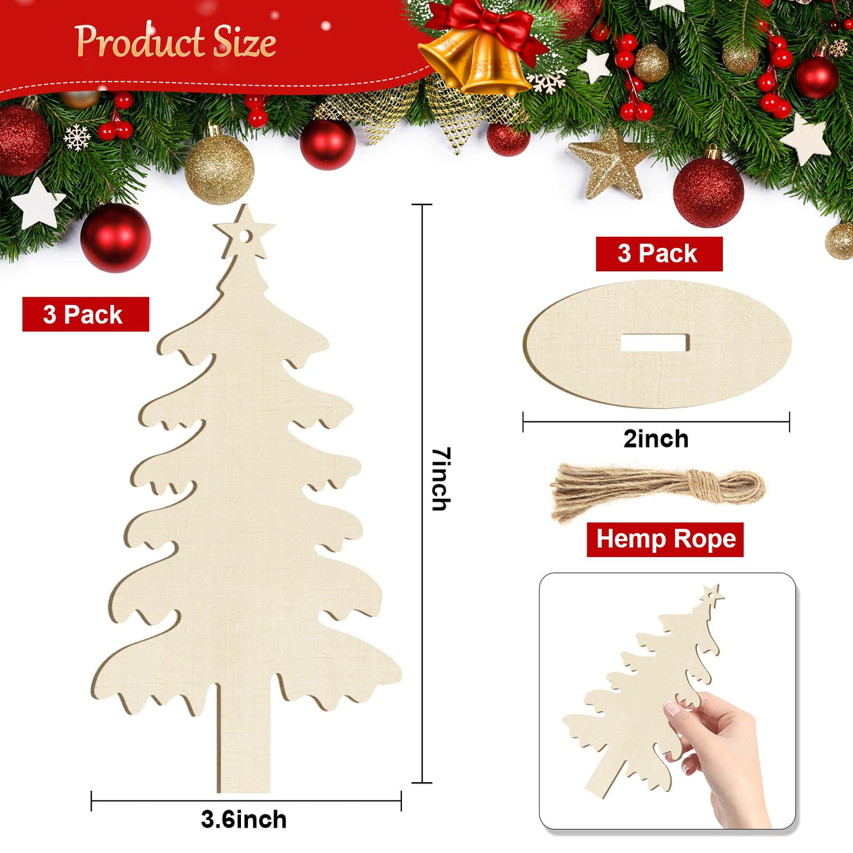Wooden Christmas Ornaments to Paint Christmas Tree Decoration Cutouts Unfinished 3Pack 7 inches, Wood DIY Blank Christmas Tree Table Sign Ornament for Home Crafts Hanging Decoration with String Base Sophena