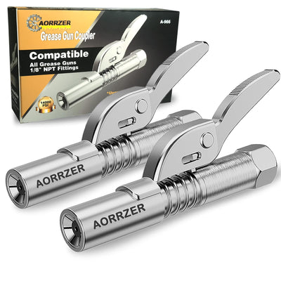 AORRZER Grease Gun Coupler 2 PCS, Strong Lock-on Greases Gun Couplers, 12000 PSI High Pressure Coupler Quick Release Grease, Durable and Compatible with All Grease Guns 1/8" NPT Grease Gun Fittings