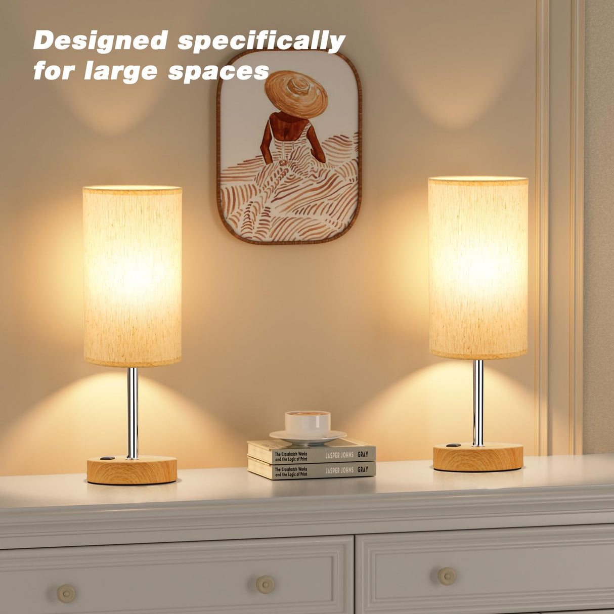 Fenmzee Touch Table Lamp - Cream, 3-Way Dimmable, USB A + C Charging, AC Outlet, 17.4inch Medium, Wood Grain Base Fenmzee