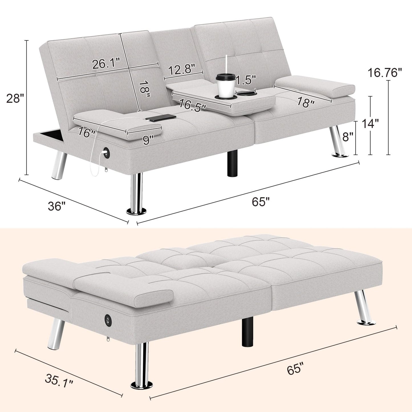 Bonzy Home Futon Sofa Bed, Multifunctional Convertible Sofa Bed with USB Charging Ports and Cup Holders Modern Sleeper Sofa for Compact Living Space, Apartment, Dorm, Beige