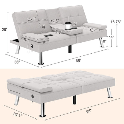 Bonzy Home Futon Sofa Bed, Multifunctional Convertible Sofa Bed with USB Charging Ports and Cup Holders Modern Sleeper Sofa for Compact Living Space, Apartment, Dorm, Beige