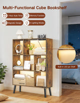 OUTONLIFE 7-Cube Bookshelf with LED Lights, Touch & Remote Control, Freestanding Open Bookcase Storage Shelf, Dimmable Modern Wooden Display Organizer with Legs for Living Room, Bedroom (Rustic Brown) OUTONLIFE