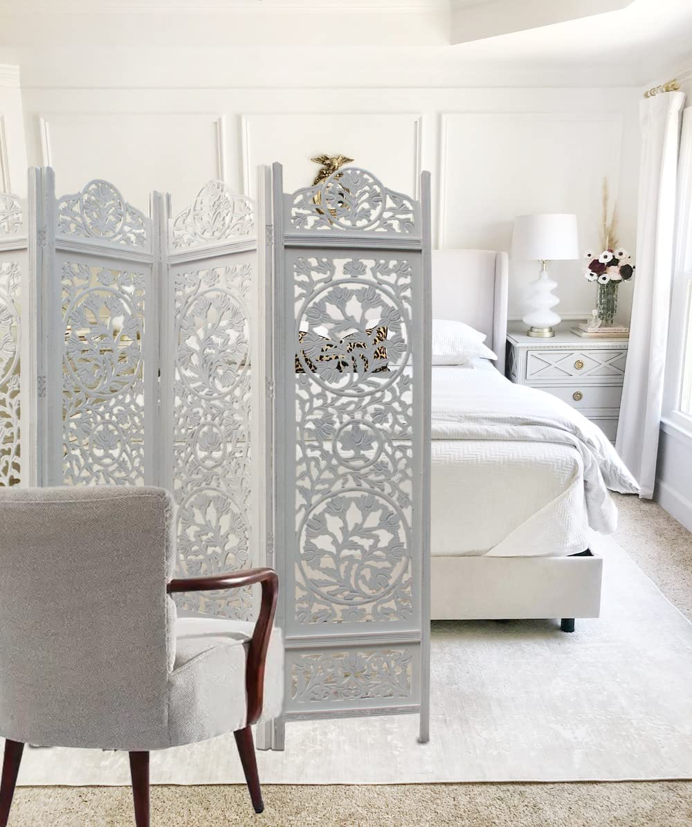 COTTON CRAFT Room Divider Wood Floor Screen - Kamal Antique White 4 Folding Panel 72x80 - Portable Reversible Functional Decorative Partition - Reversible Boho Freestanding Small Spaces Privacy COTTON CRAFT