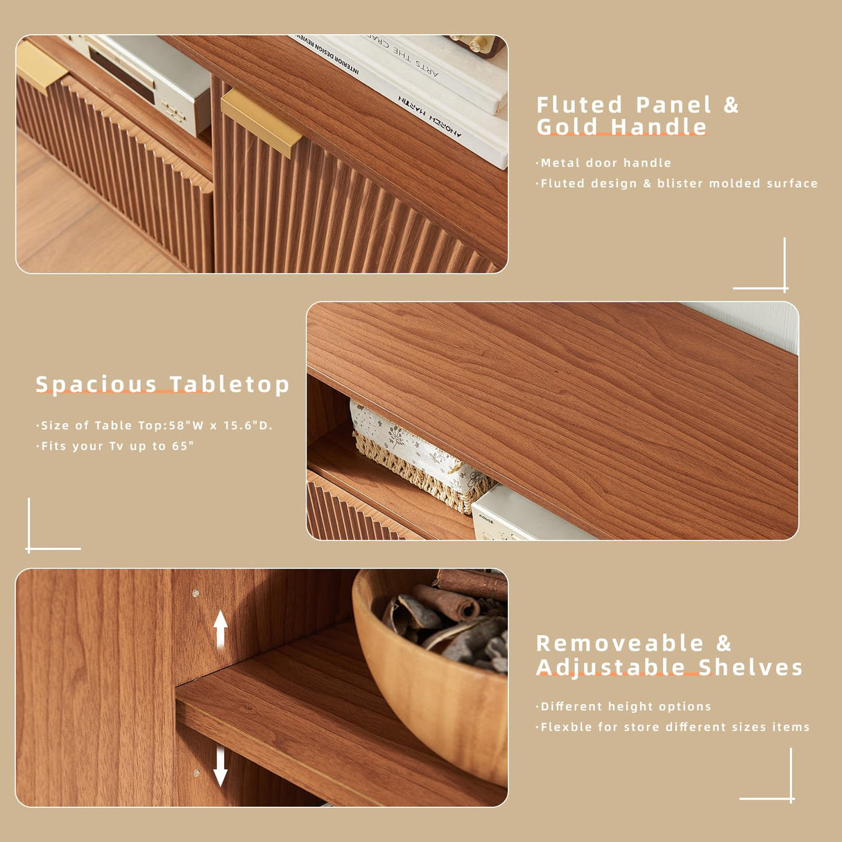 Okvnbjk Modern TV Stand for 65 Inch TV, Fluted TV Consoles for Living Room, Media Console with Soft Hinge & Drawer, Wood Entertainment Center with Storage, Mocha Okvnbjk