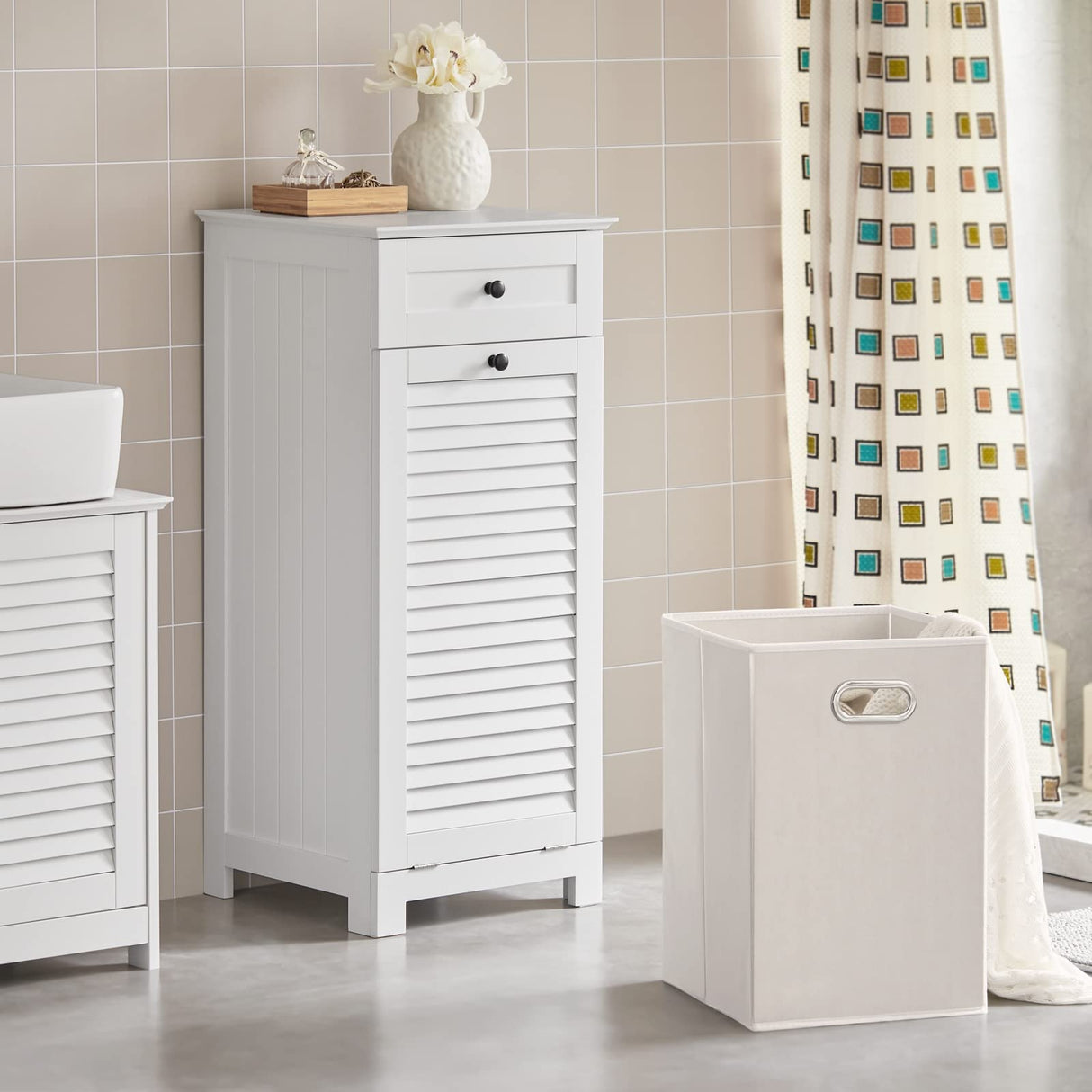 Haotian BZR73-W, Bathroom Laundry Cabinet Laundry Chest Bathroom Storage Cabinet with Shutter Door and Laundry Basket, White Haotian