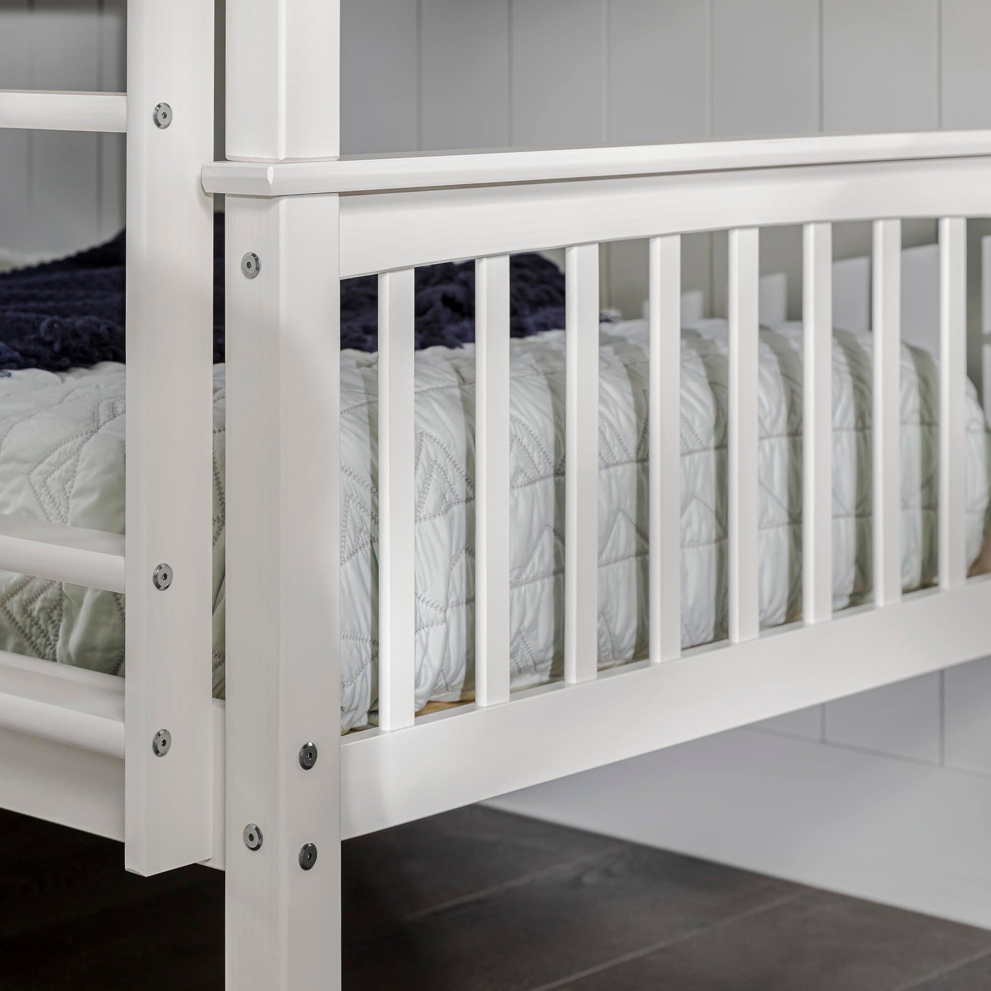 Walker Edison White Solid Wood Twin Over Twin Bunk Bed with Guardrails and Ladder - WoodArtSupply