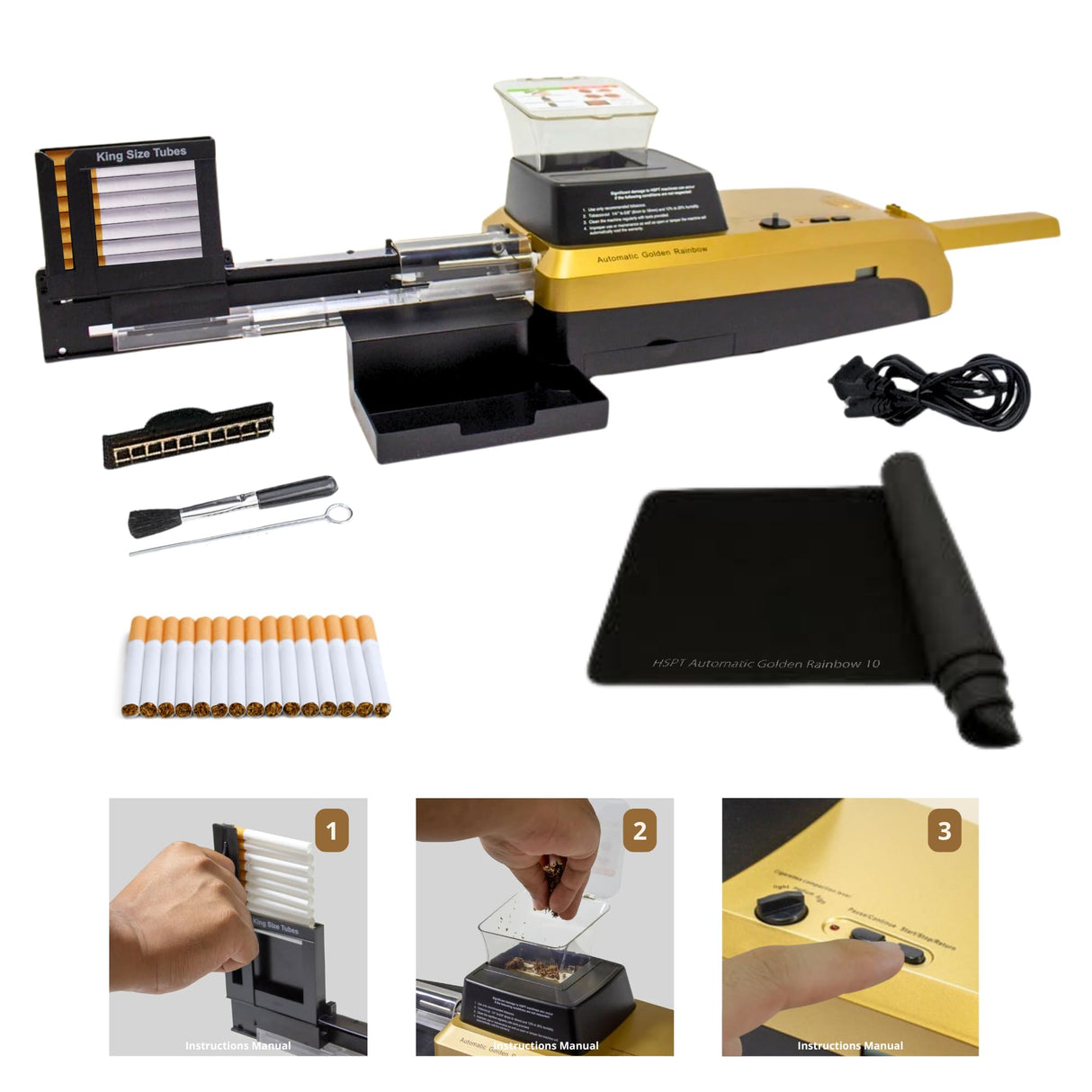 HSPT Golden Rainbow Electric Cigaretterolling Machine - Fully Automatic Tobacco Injector Roller for MYO King Size Cigarettes, with Adjustable Density, Counter, Jam Protection, Loads 10 Tubes at a Time HSPT Golden Rainbow
