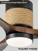 FookChak 60in Dimmable Black Ceiling Fan Light with Remote Control 3 Blade Hemp Rope Farmhouse Ceiling Fan with Light Walnut Wood LED Ceiling Fan Outdoor for Patio Kitchen Bedroom Living Room FookChak