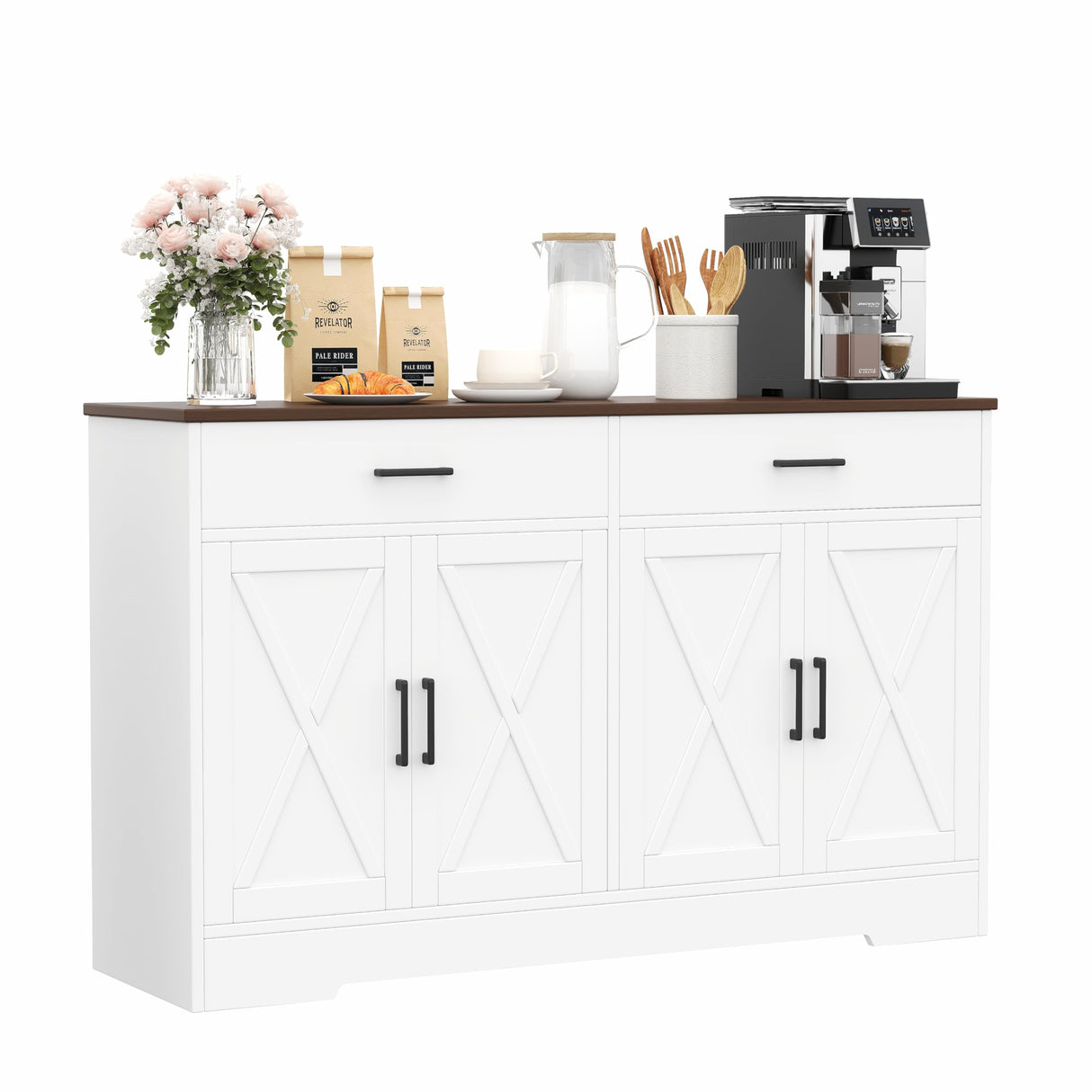 Rovaurx Farmhouse Sideboard Buffet Cabinet with Storage, Kitchen Storage Cabinet with 2 Drawers & 4 Barn Doors, Wooden Coffee Bar Cabinet Console Table for Kitchen, Dining Room, White KBG003W Rovaurx