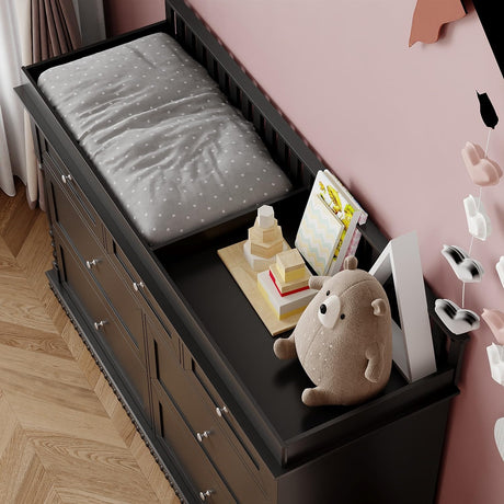 Timechee Baby Dresser with Changing Table Top, Black Dresser for Nursery with 7 Storage Drawers, Multi-Functional Baby Changing Table, Modern Diaper Nursery Dressers Station for Kids Bedroom Timechee