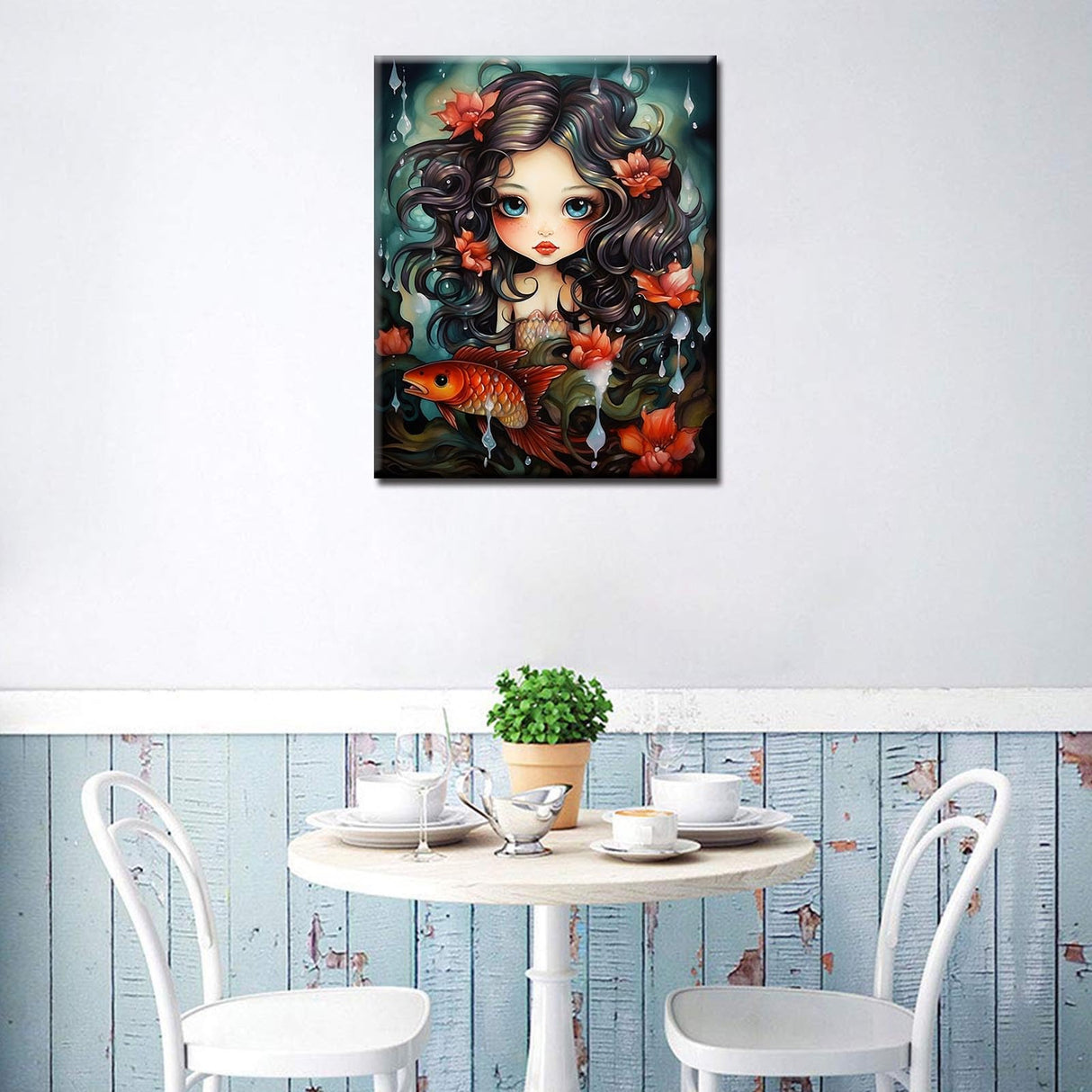 Fashion Girl with Fish Paint by Numbers Kits with Brushes Underwater World Sealife Acrylic Oil Painting for Adults Kids Tropical Flowers Pictures Craft 16''x20" inch Room Decor Boho Gift (Frameless) TUMOVO