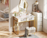 Casaottima 32 Inch Small Dressing Vanity Desk with 2 Drawers & Headphone Hook, Makeup Vanity Desk for Bedroom Without Mirror,Modern Space-Saving Design for Small Spaces White-Gold Casaottima