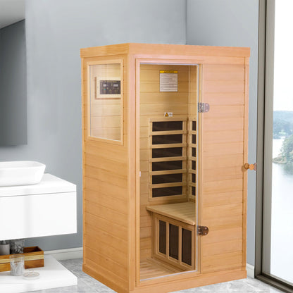 Xmatch Far Infrared Wooden Sauna Room, 1-Person Size Left Bench, with 1050W, 6 Heating Plates, 10-15 Minutes Pre-Warm up