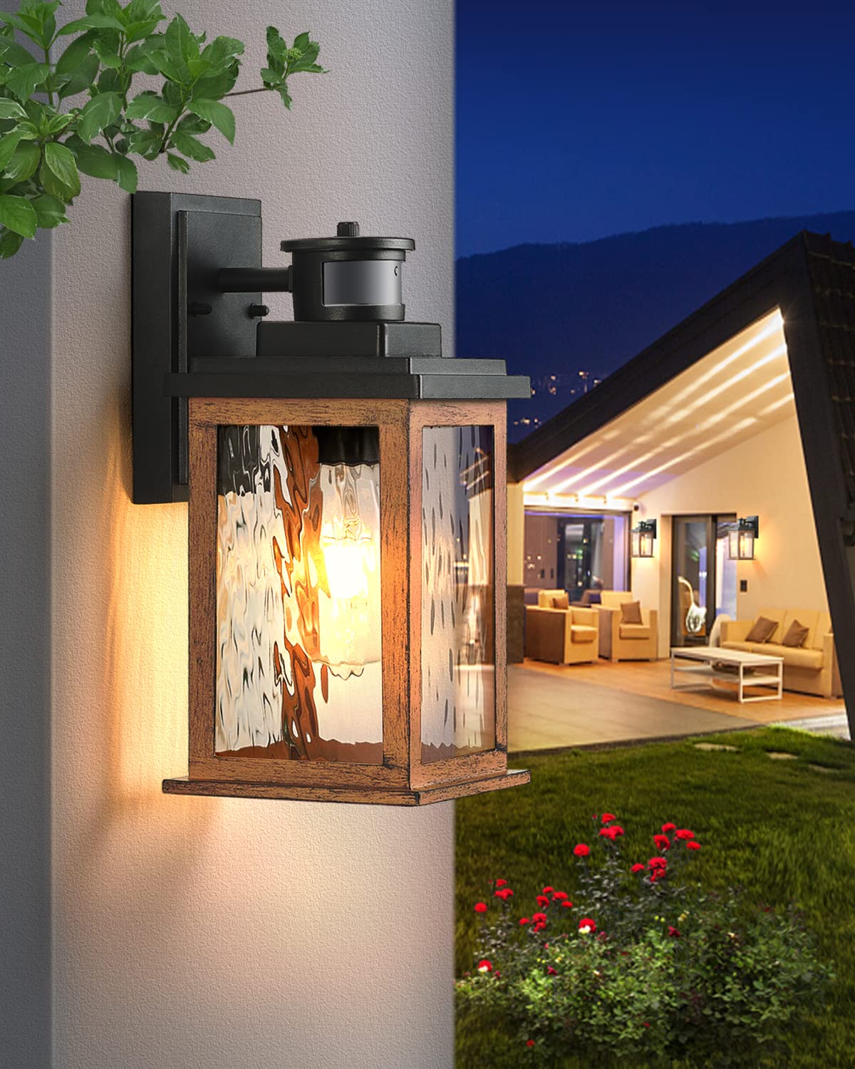 VIANIS Motion Sensor Outdoor Lights, Dusk to Dawn Outdoor Lighting for House, Wood Grain Garage Lights, Lantern Wall Mount, Waterproof Porch Sconce for Entryway, with Anti-Rust, Weather Resis - WoodArtSupply