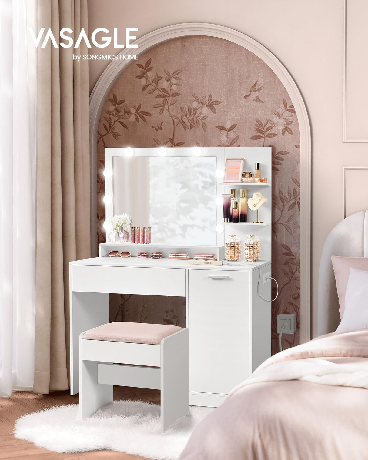 VASAGLE Vanity Desk with Mirror and Lights, 43.3-Inch Wide Makeup Vanity with Upholstered Vanity Stool, Power Outlets, Dimmable LED Lights, Storage Drawer, for Bedroom, Cloud White URDT628W01 VASAGLE