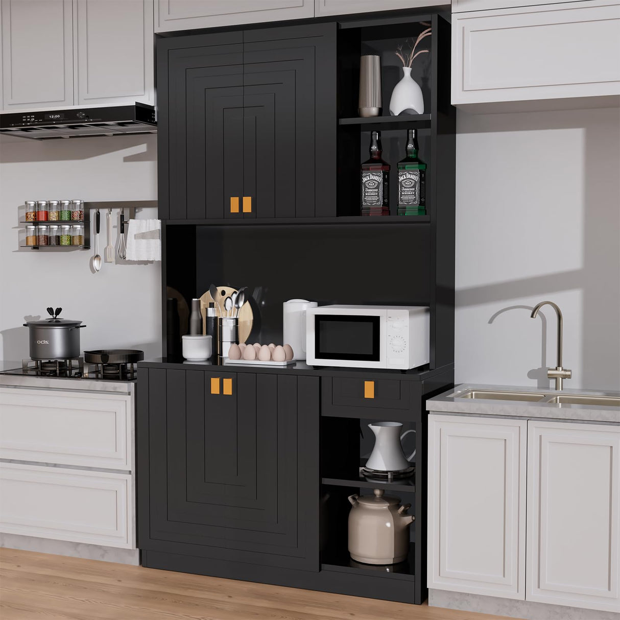 Buenhomino Kitchen Pantry Cabinet, 71" Hutch Cabinet with Countertop & Power Outlet & Adjustable Shelves, Wood Buffet Cabinet Organizer with Buenhomino