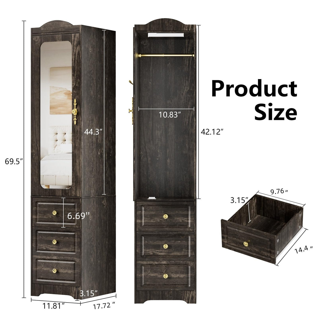 JanfltHome Armoire Wardrobe Closet, 69.5" H Wood Bedroom Armoires Cabinet with Mirror Door and 3 Drawers, Rustic Brown Clothing Storage Cabinet with Hanging Rod & Sensor Light for Bedroom-Right JanflyHome