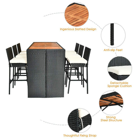 Tangkula 7-Piece Black Outdoor Wicker Dining Set with Acacia Wood Table and Removable Cushions Tangkula