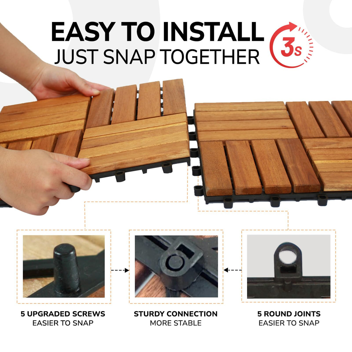 CLOVERHOLM Interlocking Deck Tiles-10PCS Waterproof Acacia Wood Patio Tiles, Easy Snap Flooring Tiles for Indoor and Outdoor,Balcony, Entry, Poolside Tiles, 12”x12”, 10sq.ft per Box, Natural CLOVERHOLM