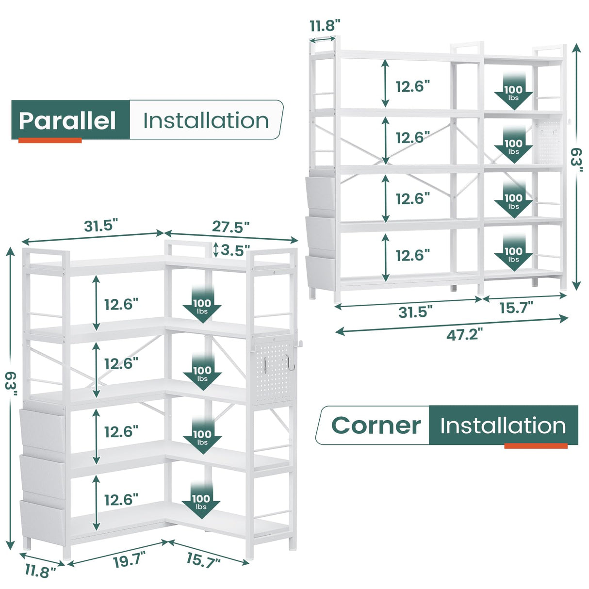 SEDETA 5 Tier Corner Bookshelf, Modern Corner Bookcase, Convertible Bookshelf with Storage Bag, Pegboard & LED Light, Tall Bookshelves for Bedroom, Living Room and Home Office, White SEDETA