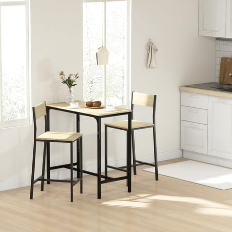 HOMCOM 3 Piece Bar Table and Chairs, Industrial Dining Table Set for 2, Counter Height Kitchen Table with Bar Stools, Breakfast Table Set for 2 for Small Space, Oak HOMCOM