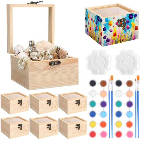 Chunful 6 Set Unfinished Wooden Boxes for Crafts 4.72 x 4.72 x 3.15 Inch Small Wood Jewelry Treasure Chest Box with Hinged Glass Lid for DIY Project Craft Painting Gifts Chunful