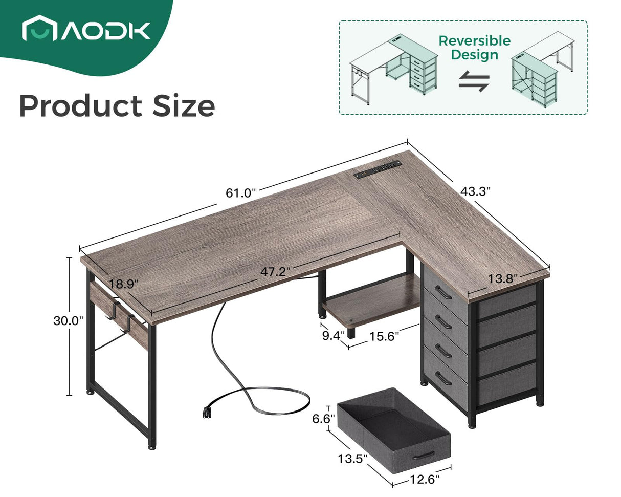 AODK L Shaped Desk with 4 Tier Drawers, 61" Reversible Gaming Desk with Power Outlets, L Shaped Computer Desk with USB Charging Port and Host Stand, Home Office Corner Desk, Easy to Assemble, Grey Oak AODK
