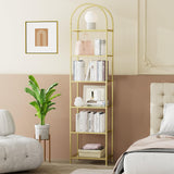 Homhedy Bookshelf Arched Display Racks,Metal Bookcase,Tempered Glass Shelves,Storage Rack Shelf for Home Office,Living Room,Bedroom, Bathroom,Modern Style (Golden, 11.8" D x 13.8" W x 68.1" H) Homhedy