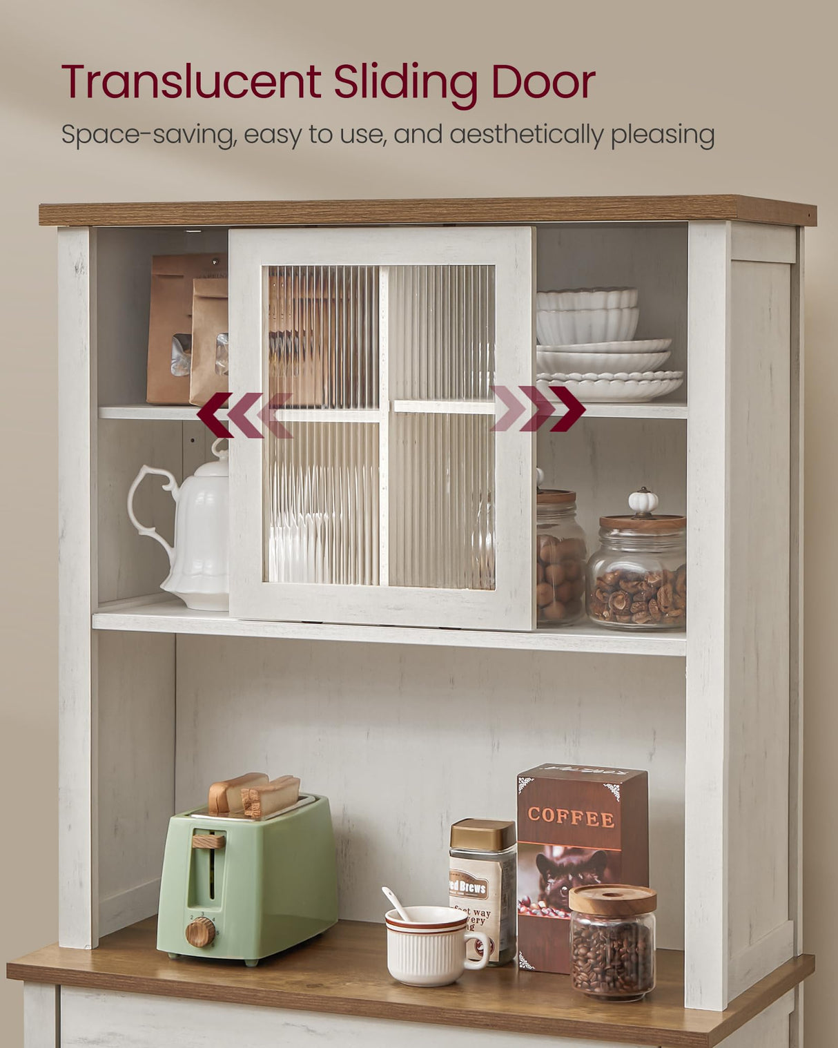 VASAGLE 71" Pantry Cabinet with Lights and Charging Station, Kitchen Pantry Cabinet with Doors and Drawer, Farmhouse Storage Cabinet, Coffee Bar Cabinet, Adjustable Shelves, Rustic White UBBK363W12 VASAGLE