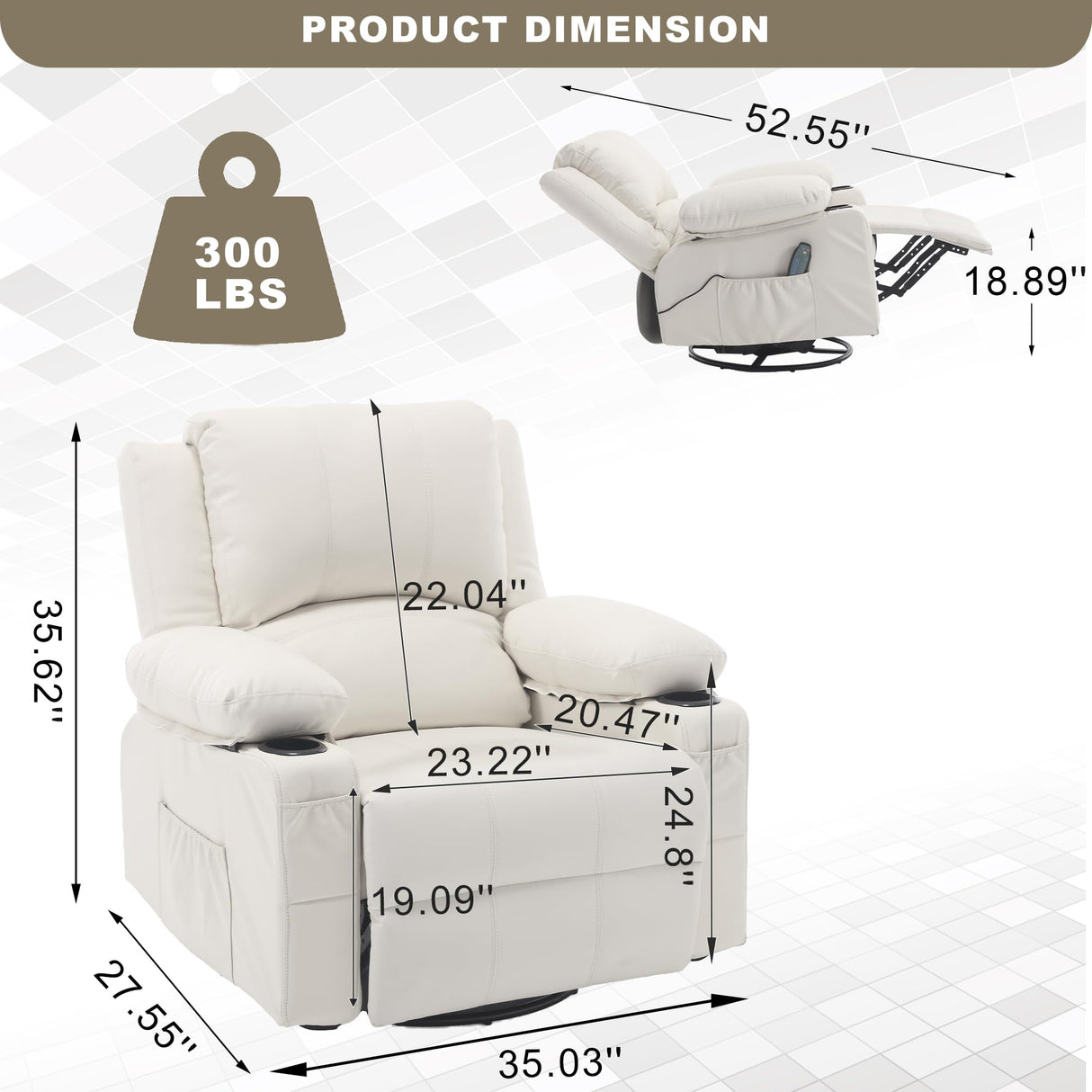 Massage Swivel Rocker Recliner with Lumbar Heat, Overstuffed PU Leather Recliners for Living Room, Modern Single Rocking Chair for Adults, Manual Rocker Recliner with Cup Holders for Bedroom, White Comermax