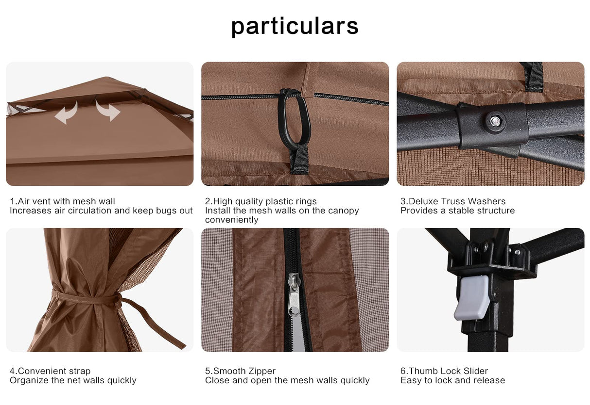 COOSHADE 11x11Ft Easy Pop Up Gazebo Tent Instant Outdoor Canopy Shelter with Mosquito Netting Walls(Brown) COOSHADE