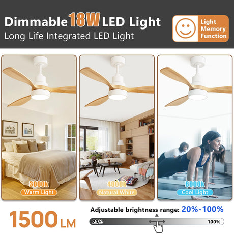 Sofucor 48'' Ceiling Fan with Lights Remote Control 3 Colors Smart Ceiling Fan 6 Speeds Modern Ceiling Fan with Timer Reversible Wood Ceiling Fans for Bedroom Living Room Outdoor Patios Sofucor