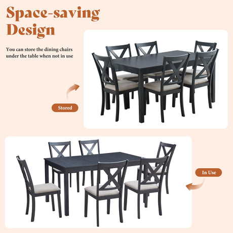 AMERLIFE 7-Piece Farmhouse Dining Table Set with 6 Upholstered Chairs, 60" Space-Saving Dining Table & Chair Set for Dining Room, Kitchen, Small Apartment, Restaurant, Grey & White AMERLIFE