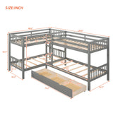 TURRIDU L-Shaped Bunk Beds for 4, Twin Over Twin Bunk Beds with 3 Drawers, Wooden Quad Bunk Bed Frame with Full-Length Guardrail and Ladder for Boys Girls Teens, No Box Spring Required, Gray TURRIDU