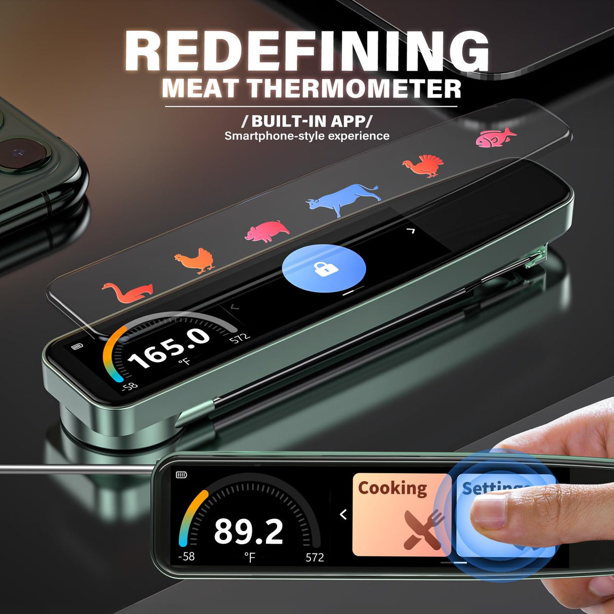 AWLKIM 0.5s Instant Read Smart Meat Thermometer Digital, 3.8″ HD Touchscreen with Temp-OS, Professional Kitchen Food Thermometer for Cooking, Grill, BBQ | ±0.5°F, −58–572°F, IP68, USB-C Rechargeable AWLKIM